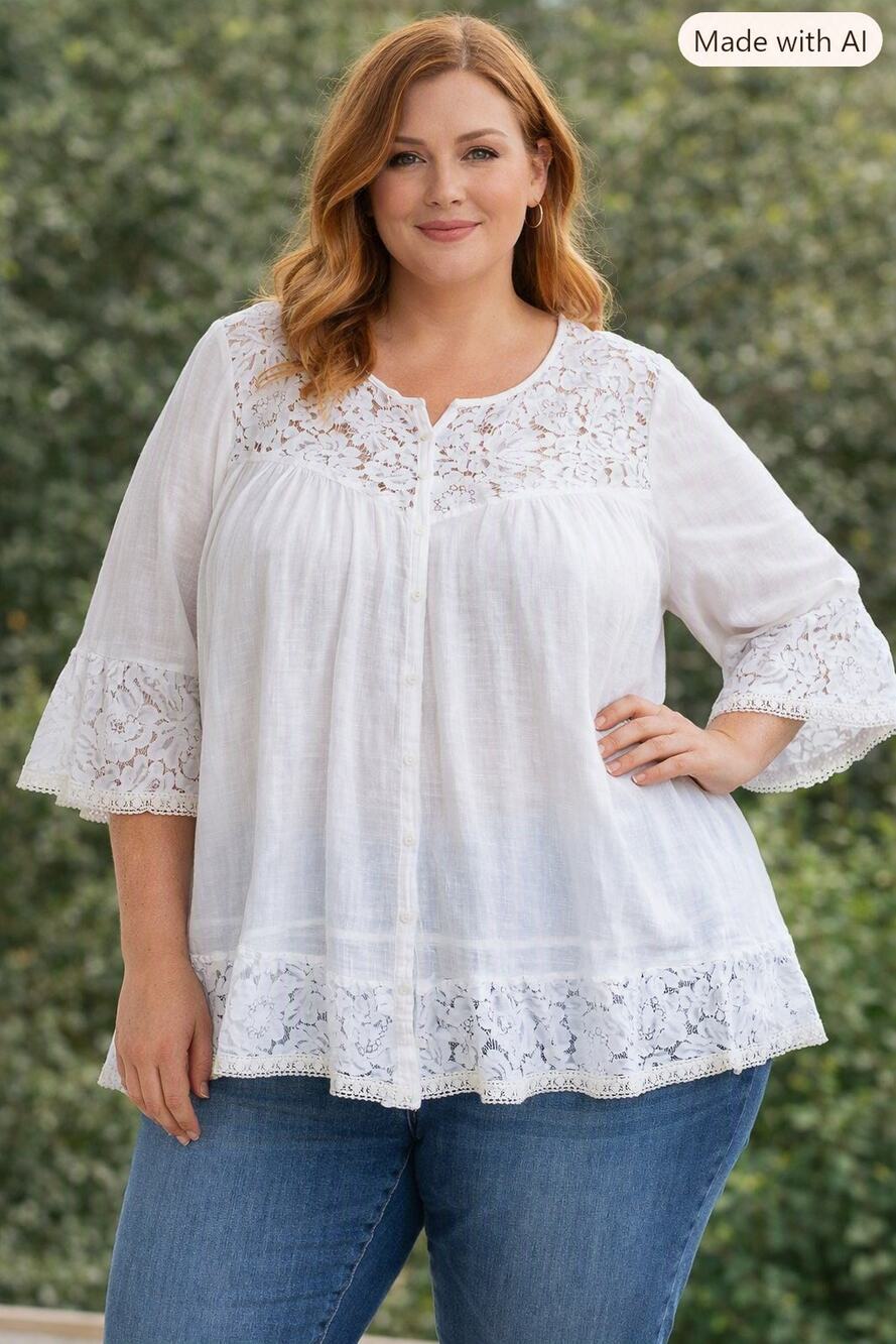 Zac & Rachel 2X White Lace Crinkle Button Front Blouse Plus Size 2X Top